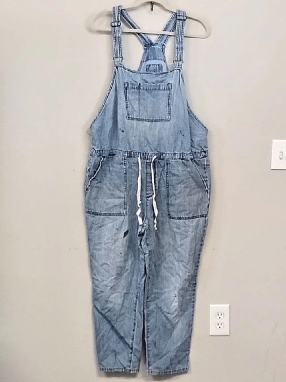 LOFT Lightweight Denim Drawstring Baggy Distressed Overalls Large *PAINT STAINS*